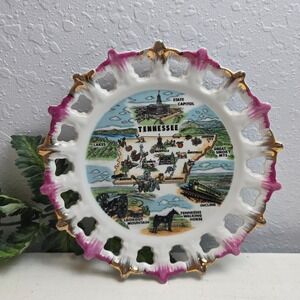 Vintage Dixie Tennessee Souvenir Plate State Map Reticulated Gold Pink Rim